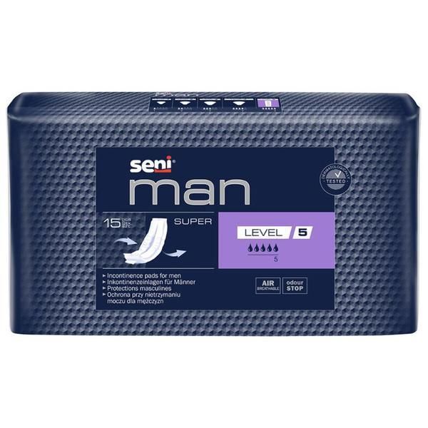 Seni Урологични абсорбенти за мъже с уринарна инконтиненция - Seni Man Super Inkontinence Pads за мъже, ниво 5, 15 бр