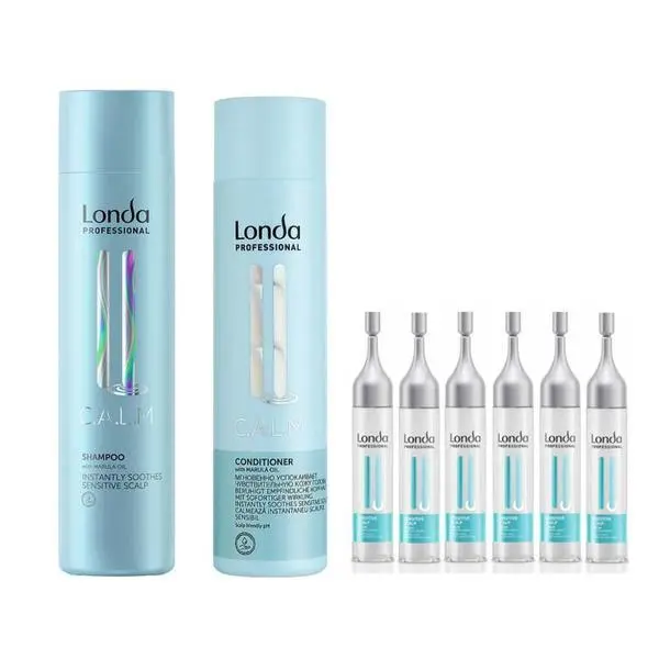 Londa Professional Успокояващ пакет за чувствителен скалп - Londa Professional C.A.L.M: Шампоан 250 мл, Балсам 250 мл, Подхранващ серум 6 x 9 мл
