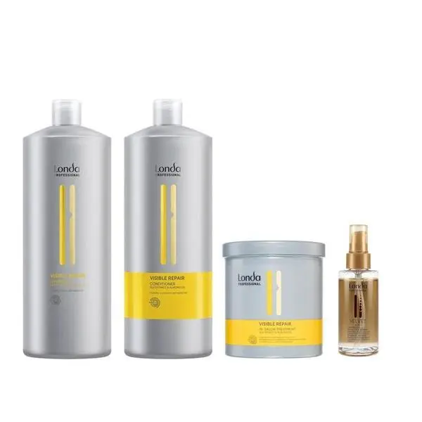 Londa Professional Възстановяващ пакет - Londa Professional Visible Repair: Шампоан 1000 мл, Балсам 1000 мл, Грижа 750 мл + Арганово масло 100 мл