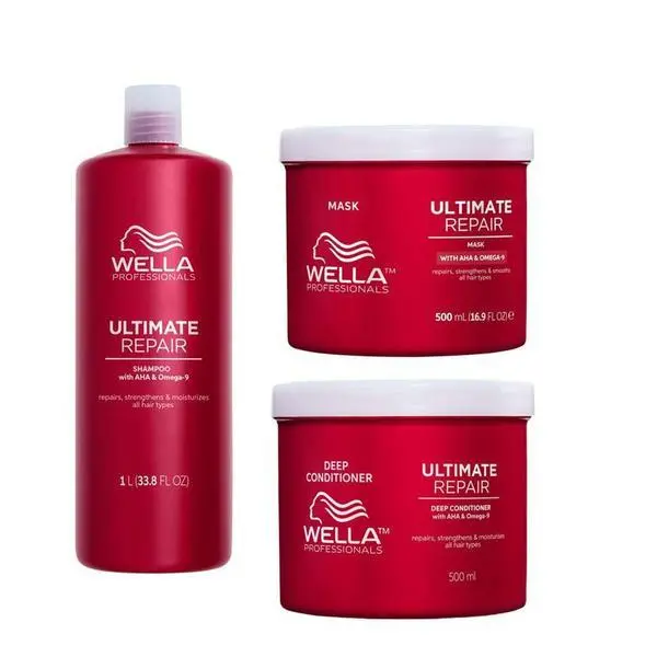 Wella Professionals Възстановяващ пакет с AHA и Омега 9 за увредена коса - Wella Professionals Ultimate Repair: Шампоан 1000 мл, Балсам 500 мл, Маска 500 мл