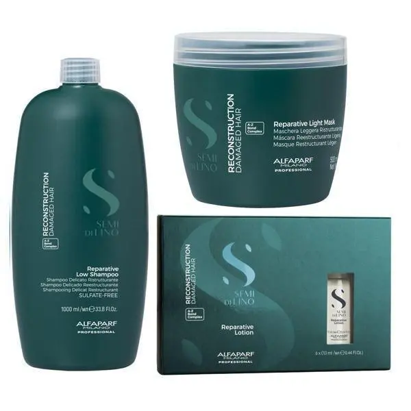 Alfaparf Milano Възстановяващ пакет за увредена фина коса - Alfaparf Semi di Lino Reconstruction Reparative A - Z Bond Complex: Шампоан 1000 мл, Маска 500 мл, Лосион 6 ампули x 13 мл