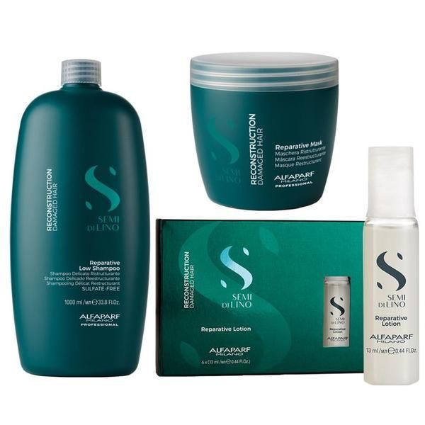 Alfaparf Milano Възстановяващ пакет за увредена коса Alfaparf Semi di Lino Reconstruction &ndash; Шампоан 1000мл, Маска 500мл, Лечебен лосион 6 плика x 13мл