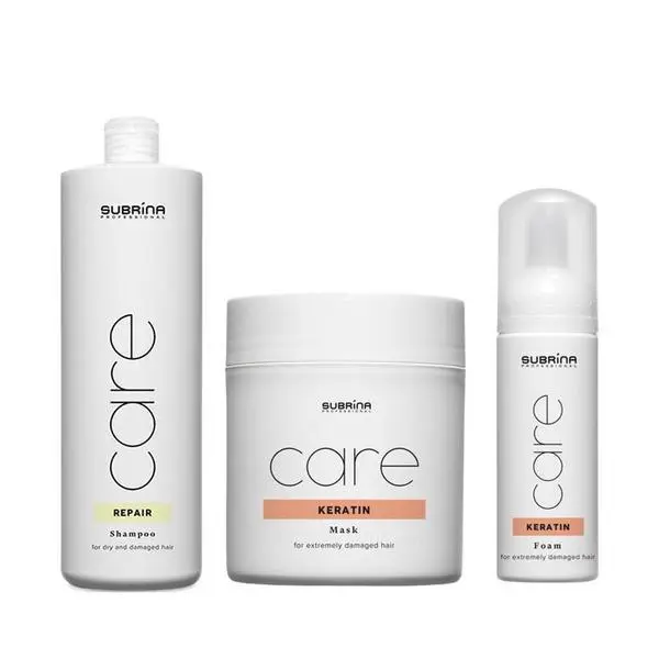 Subrina Възстановяващ пакет за увредена коса - Subrina Care Repair &amp; Keratin: Възстановяващ шампоан 1000 мл, Кератинова маска 500 мл, Кератинова терапия 150 мл