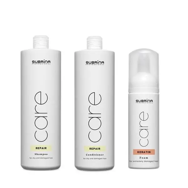 Subrina Възстановяващ пакет за увредена коса - Subrina Professional Care Repair &amp; Keratin: Шампоан 1000 мл, Балсам 1000 мл, Кератинова пяна  150 мл