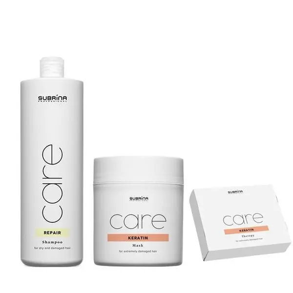 Subrina Възстановяващ пакет за увредена коса - Subrina Professional Care Repair &amp; Keratin: Възстановяващ шампоан 1000 мл, Кератинова маска 500 мл, Кератинови ампули 6 x 10 мл