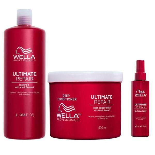 Wella Professionals Възстановяващ пакет за увредена коса - Wella Professionals Ultimate Repair: Шампоан Ultimate Repair, 1000 мл + Балсам за дълбоко възстановяване Ultimate Repair, 500 мл + Неизмиващ крем, 140 мл