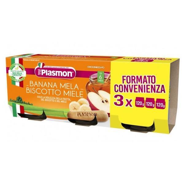 Plasmon Закуска пюре от банан, ябълка, бисквити и мед - Plasmon, 6 месеца+, 3 x 120 гр