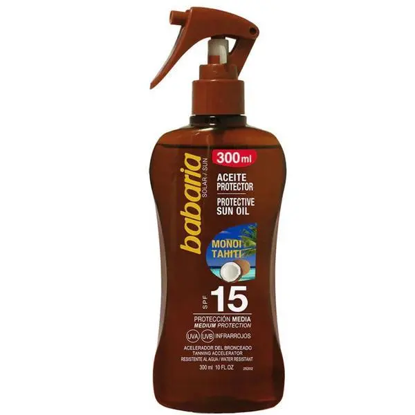 Babaria Защитен слънцезащитен спрей с ускорител на тен SPF15 - Babaria Protective Sun Oil Spray with Tanning Accelerator SPF15 Monoi Tahiti, 300 мл