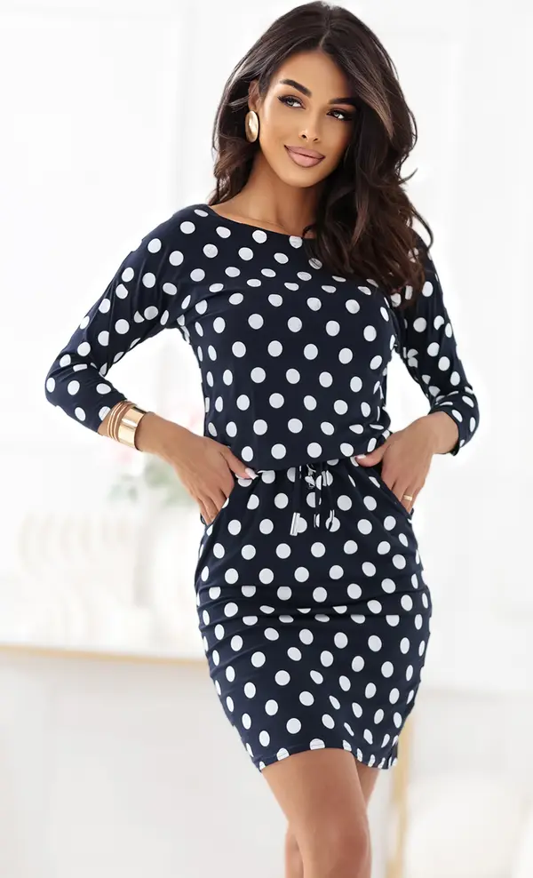 NUMOCO 13-167 Sports dress with ties and pockets - navy blue with white polka dots