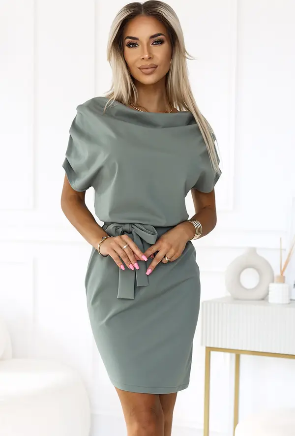 NUMOCO 240-4 ROXI skirt from asymmetryczną spódnicą i paskiem - color OLIWKOWY