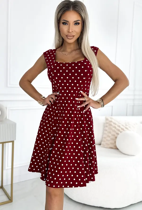 NUMOCO 241-3 STELLA cotton dress with a diamond neckline - burgundy with polka dots