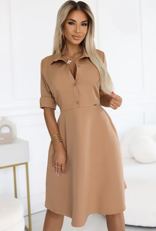 NUMOCO 286-8 SANDY Flared shirt dress with belt - MOCHA MOUSSE