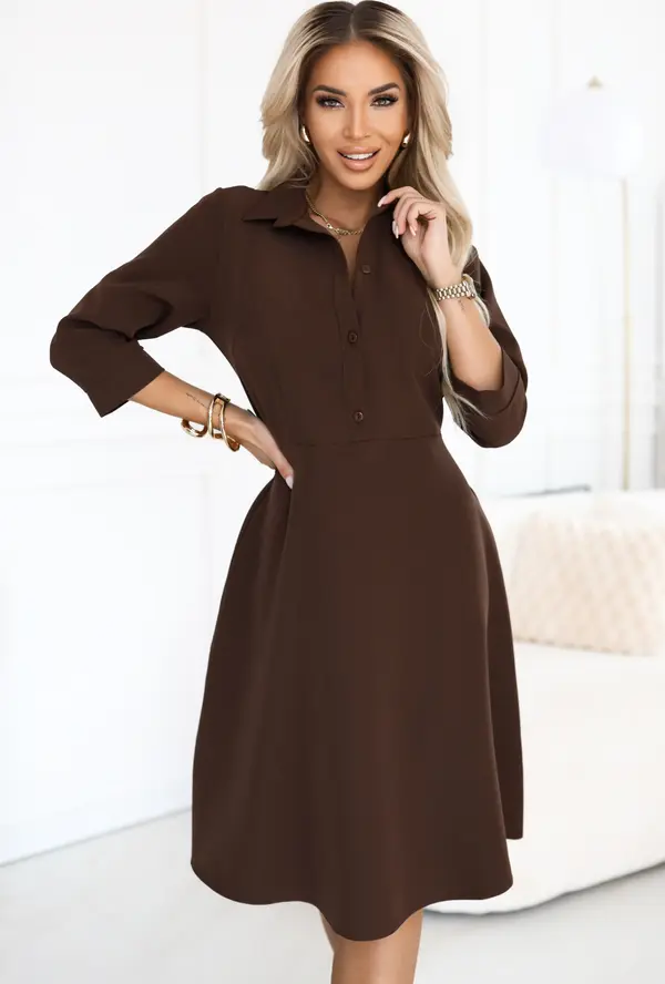 NUMOCO 286-9 SANDY Flared shirt dress with belt - chocolate