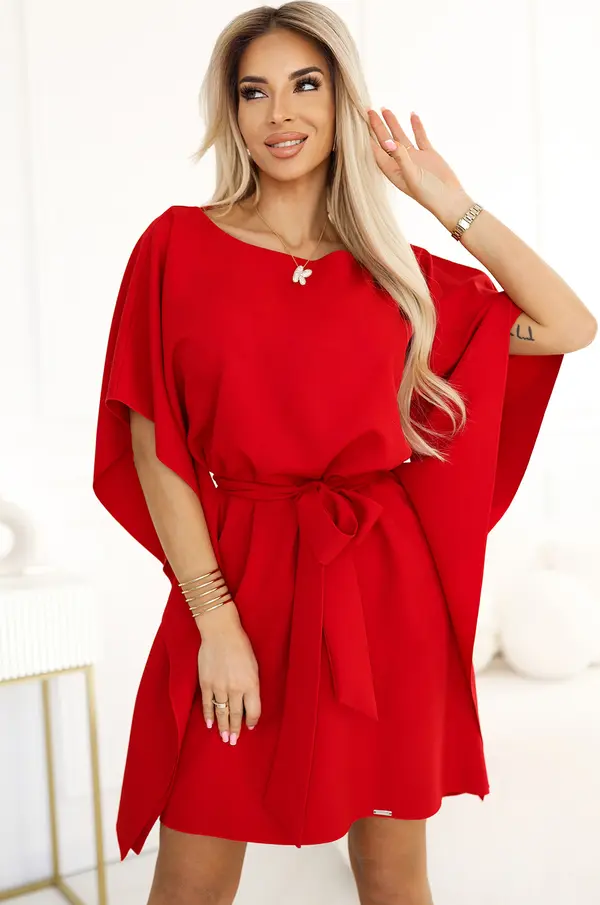 NUMOCO 287-35 SOFIA Butterfly Dress with Waist Tie - Red