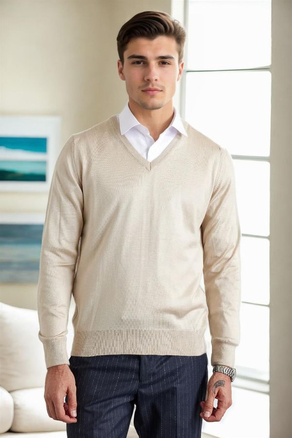 dewberry 38804 Dewberry Mens V Neck Knit Sweater-STONE