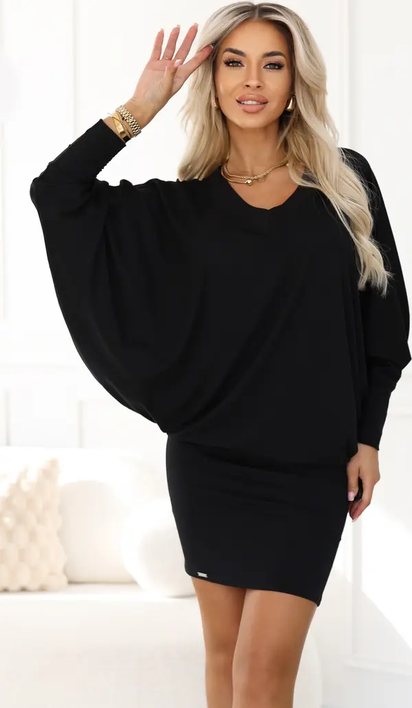 NUMOCO 402-10 Comfortable batwing dress with long sleeves - black