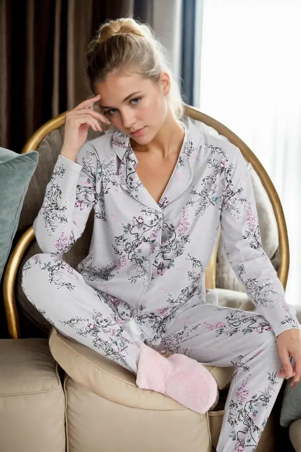 dewberry 43103 Dewberry Buttoned Women Pyjama Set-GREY