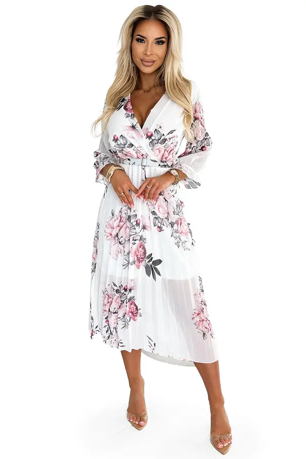 numoco basic 448-2 YUNA Pleated midi dress with a neckline and belt - roses on a white background