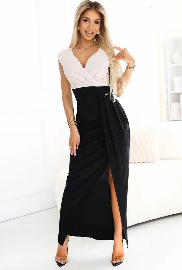 NUMOCO 451-3 Shiny dress with short sleeves, neckline and slit on the leg - black and beige with glitter
