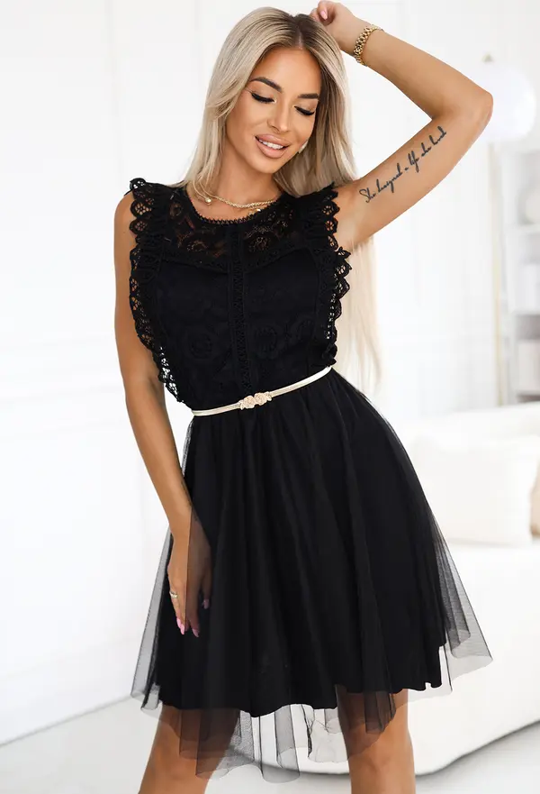 numoco basic 454-5 GRETA lace dress with tulle skirt and gold belt - black