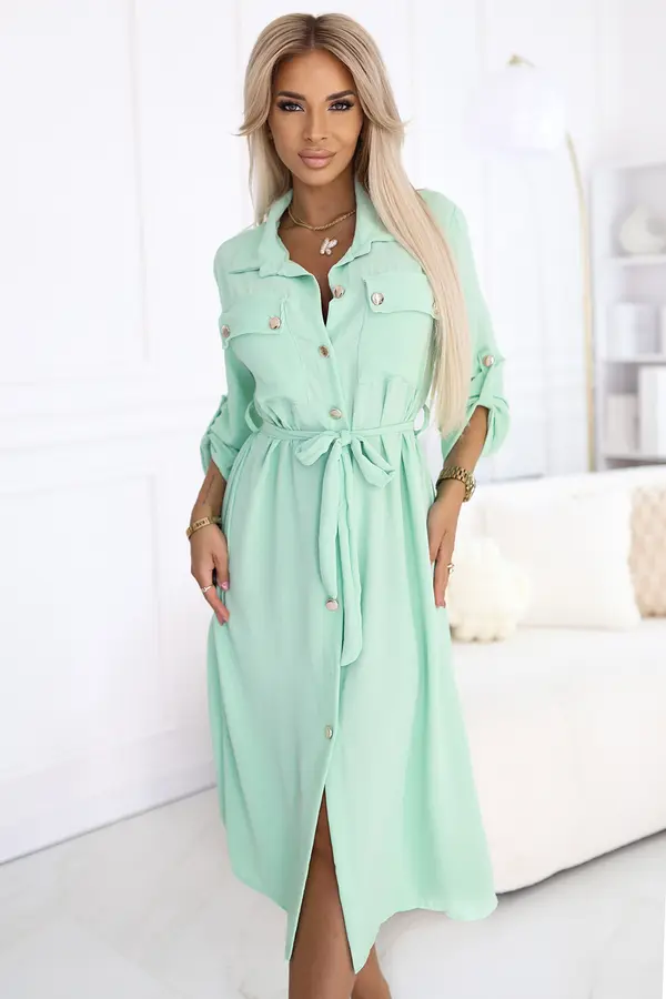 numoco basic 531-4 Midi Shirt Dress with Gold Buttons and Tie - Light Mint