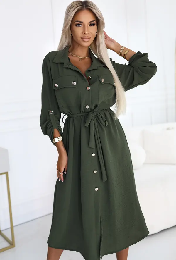 numoco basic 531-5 Midi Shirt Dress with Gold Buttons and Tie - KHAKI