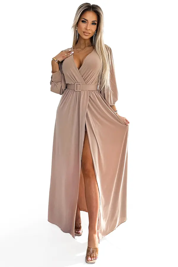 numoco basic 536-2 FIORELLA Long dress with a wide belt and neckline - beige