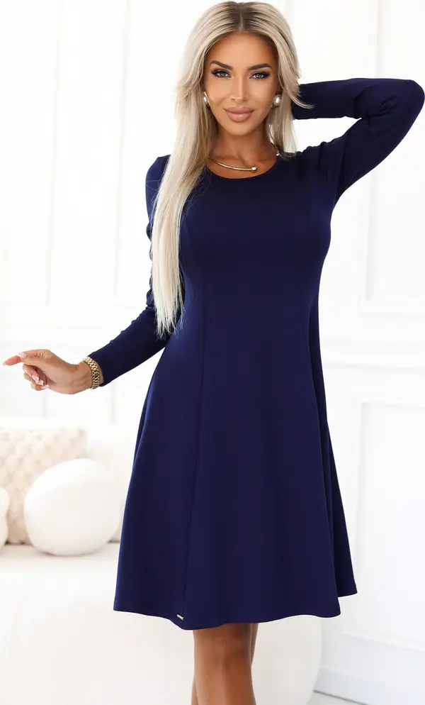 NUMOCO 567-2 Comfortable trapeze dress with long sleeves - navy blue