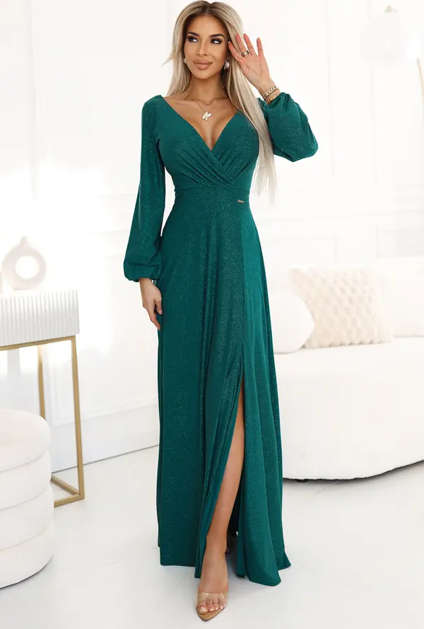 NUMOCO 572-4 NELA shiny long dress with neckline, long sleeves and leg slit - green