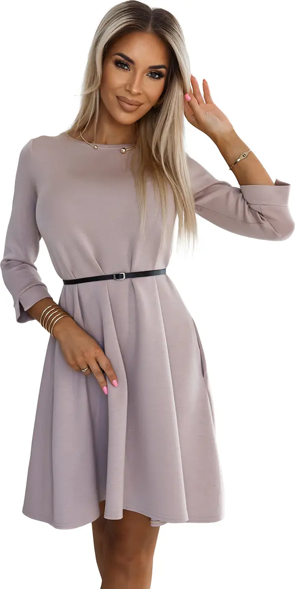 NUMOCO 579-1 Classic trapeze dress with a black belt - BEIGE