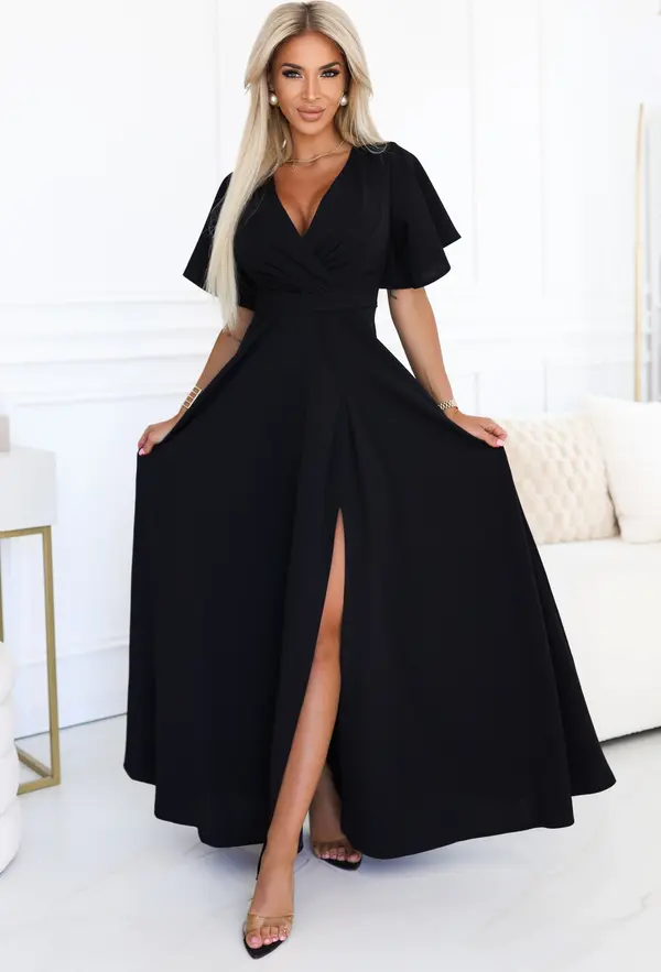 NUMOCO 581-7 JENNIFER długa suknia z rozcięciem na nogę, rękawkiem i dekoltem - czarna