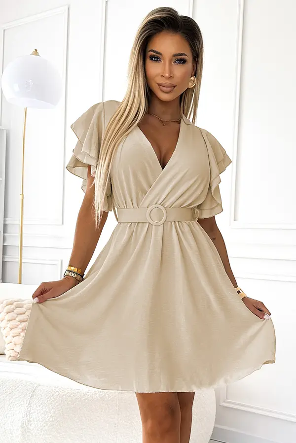 numoco basic 586-1 Women's dress with envelope neckline, sleeves and belt - beige
