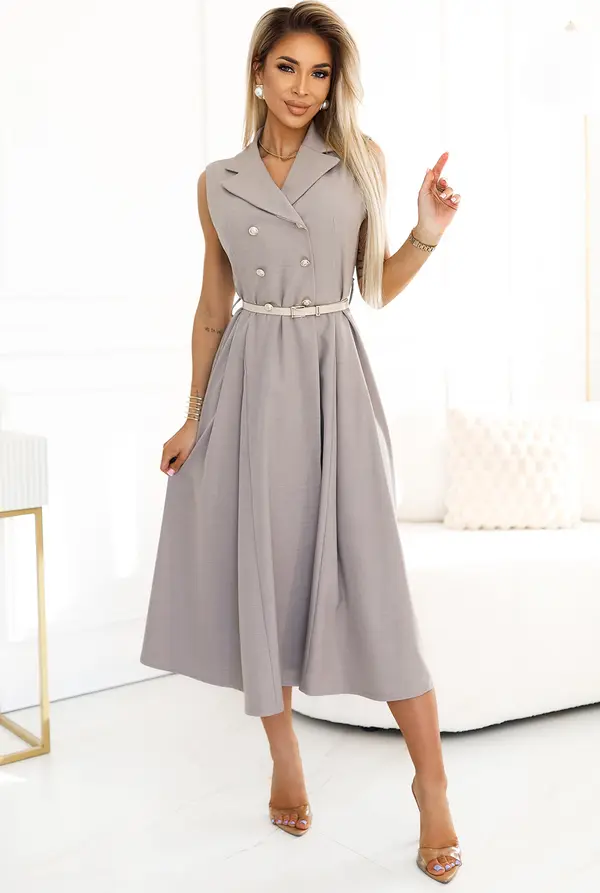 numoco basic 596-2 Elegant midi shirt dress with gold buttons and belt - gray beige