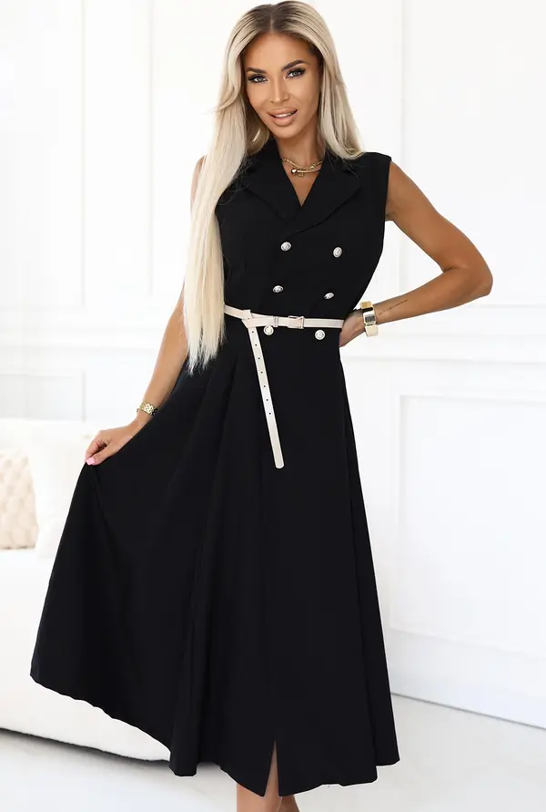 numoco basic 596-3 Elegant midi shirt dress with gold buttons and belt - black