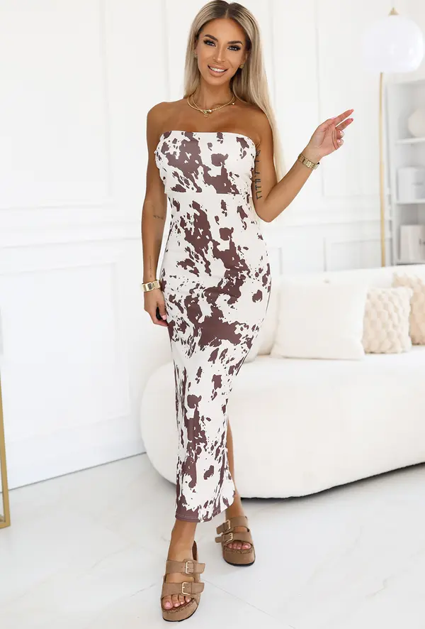 numoco basic 611-1 SAVANNAH strapless fitted dress in brown and white boho pattern