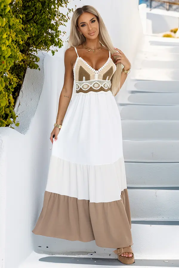 numoco basic 612-1 Long beige and white strapless dress with crochet top - boho