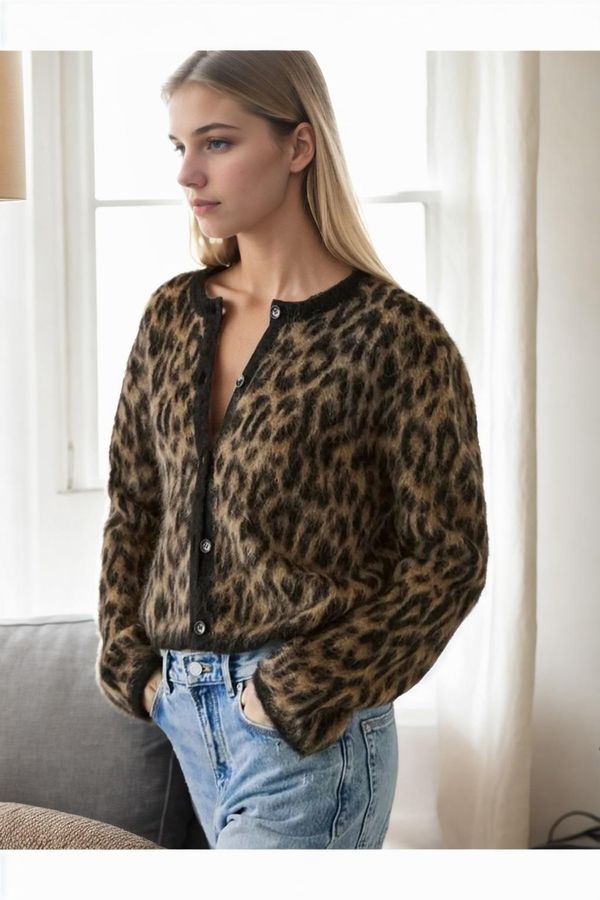dewberry 61353 Dewberry Leopard Patterned Cardigan-COFFEE