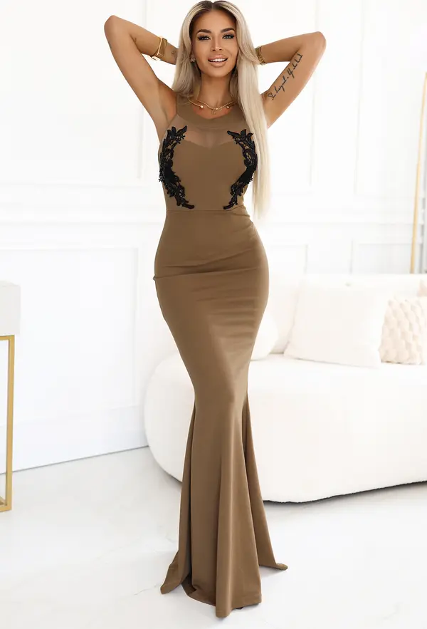 kocula 617-1 Long mermaid dress with black lace and mesh - MOCHA MOUSSE