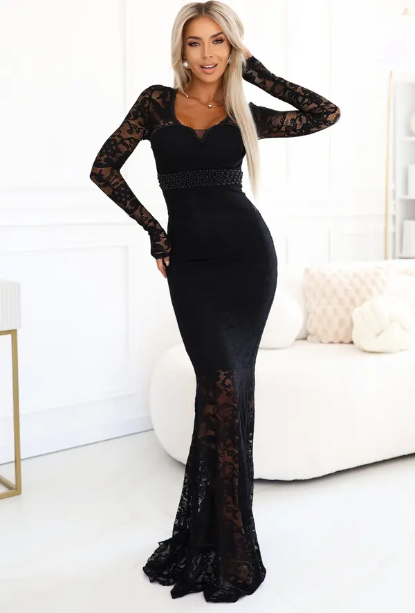 kocula 620-1 Evening lace maxi dress with long sleeves - black