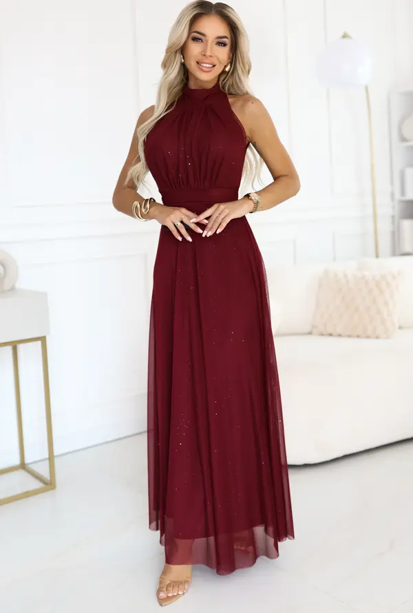 numoco basic 636-1 VERONICA luxurious long dress with a brocade accent and a chic shape - burgundy