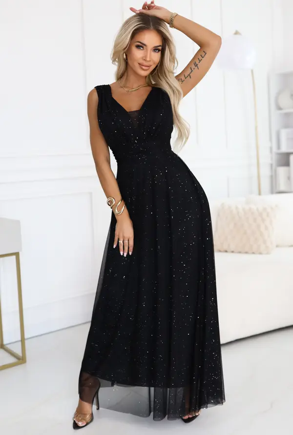 numoco basic 637-2 Long evening dress with a glitter accent and a deep neckline - black