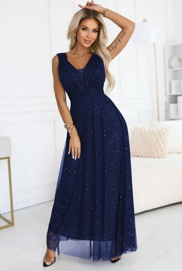 numoco basic 637-3 Long evening dress with a brocade accent and a deep neckline - navy blue