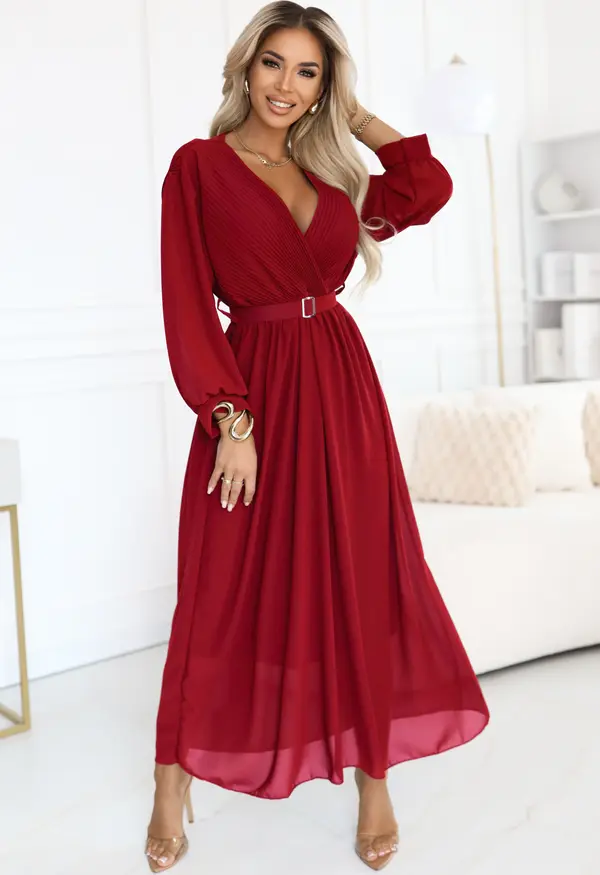 numoco basic 639-1 Elegant pleated maxi dress with a belt and a wrap neckline - burgundy