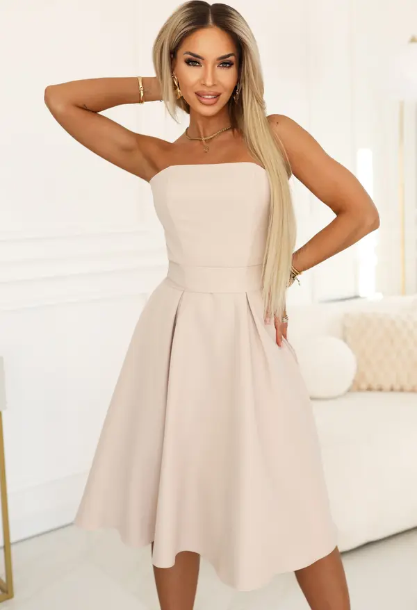 NUMOCO 641-4 VIVIENNE Corset Flared Midi Dress with Belt - Light Beige