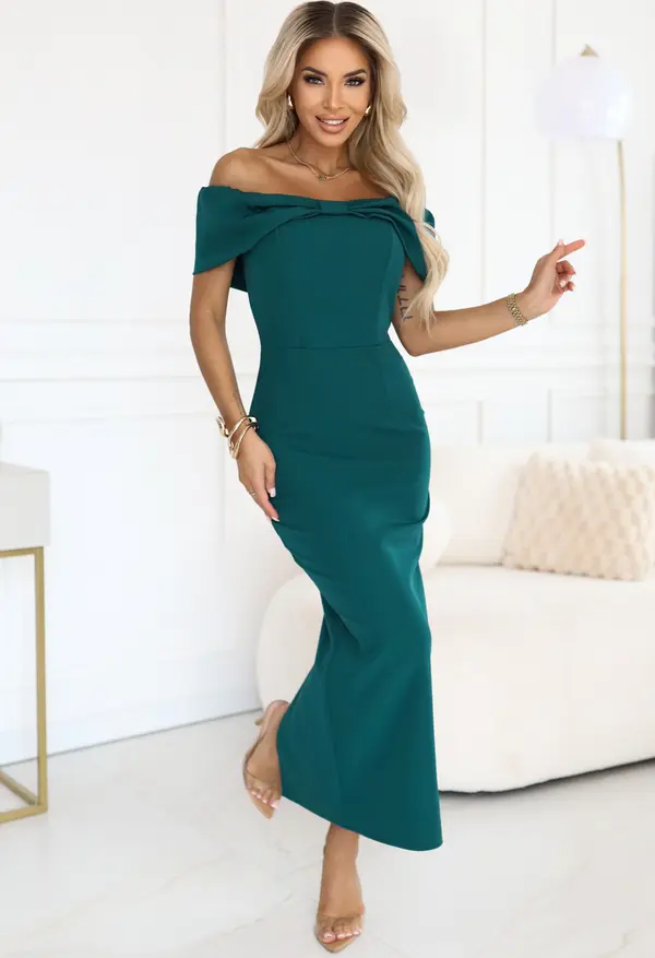 NUMOCO 644-1 Sensual midi dress with a bow at the neckline - bottle green