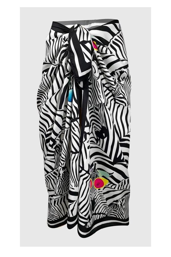 dewberry 71058 Dewberry Patterned Shiny Fabric Women Pareo-BLACK-WHITE-2