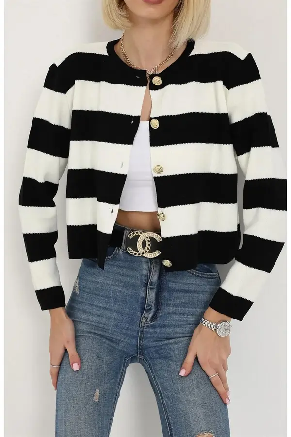 dewberry 74390 Dewberry Crew Neck Striped Crop Cardigan-BLACK