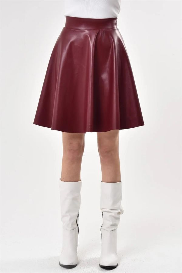 dewberry 88854 Dewberry Flared Faux Leather Skirt-BURGUNDY