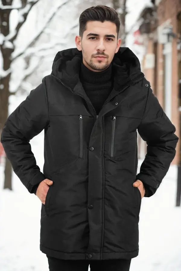 dewberry 95968 Dewberry Hooded Coat Parka with Fleece Inside-BLACK