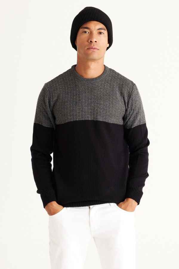 AC&Co / Altınyıldız Classics AC&Co / Altınyıldız Classics Men's Anthracite-black Standard Fit Normal Cut Crew Neck Colorblok Patterned Knitwear Sweater